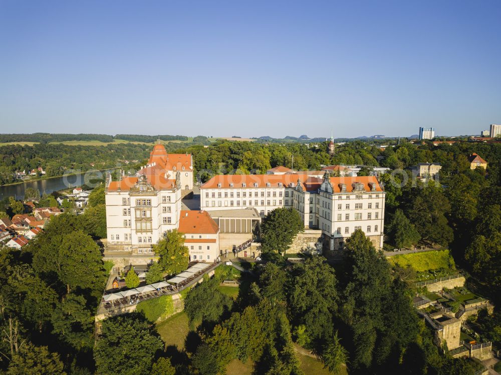 Aerial image Pirna - Sonnenstein Fortress in Pirna in the federal state of Saxony, Germany. Today it is open to tourists and is the administrative seat of the Saxon Switzerland-Eastern Ore Mountains district