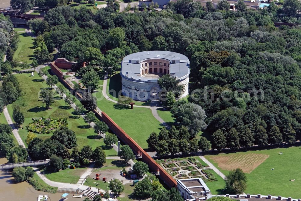 Aerial image Ingolstadt - Fortress tower Triva in Ingolstadt in the state of Bavaria. The longitudinal-edifice is part of the Ingolstadt fortress on the southern banks of the Danube and served as the eastern flanking tower of the Reduit Tilly. Today, the tower houses the Bavarian Police Museum