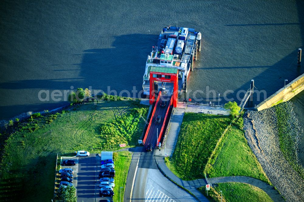 Glückstadt from above - Ferry port facilities on the Elbe in Glueckstadt with the Elbe ferry Glueckstadt in the state Schleswig-Holstein, Germany