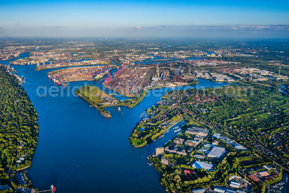 Hamburg from the bird's eye view: Ferry port facilities on the Elbe of the HVV in Hamburg Finkenwerder, Germany