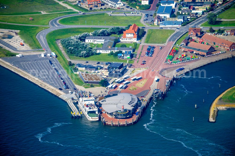 Norderney from above - Faehr- Hafenanlagen an der Meeres- Kueste der Nordseeinsel Norderney Mit den Faehrschiff Frisia III im Bundesland Niedersachsen, Deutschlan