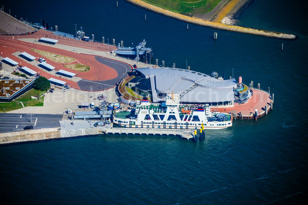 Norderney from above - Faehr- Hafenanlagen an der Meeres- Kueste der Nordseeinsel Norderney Mit den Faehrschiff Frisia III im Bundesland Niedersachsen, Deutschlan