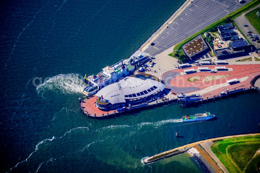 Aerial image Norderney - Faehr- Hafenanlagen an der Meeres- Kueste der Nordseeinsel Norderney Mit den Faehrschiff Frisia III im Bundesland Niedersachsen, Deutschlan