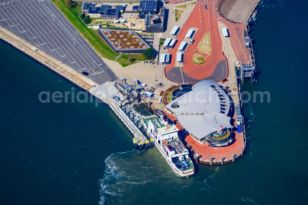 Norderney from above - Faehr- Hafenanlagen an der Meeres- Kueste der Nordseeinsel Norderney Mit den Faehrschiff Frisia III im Bundesland Niedersachsen, Deutschlan