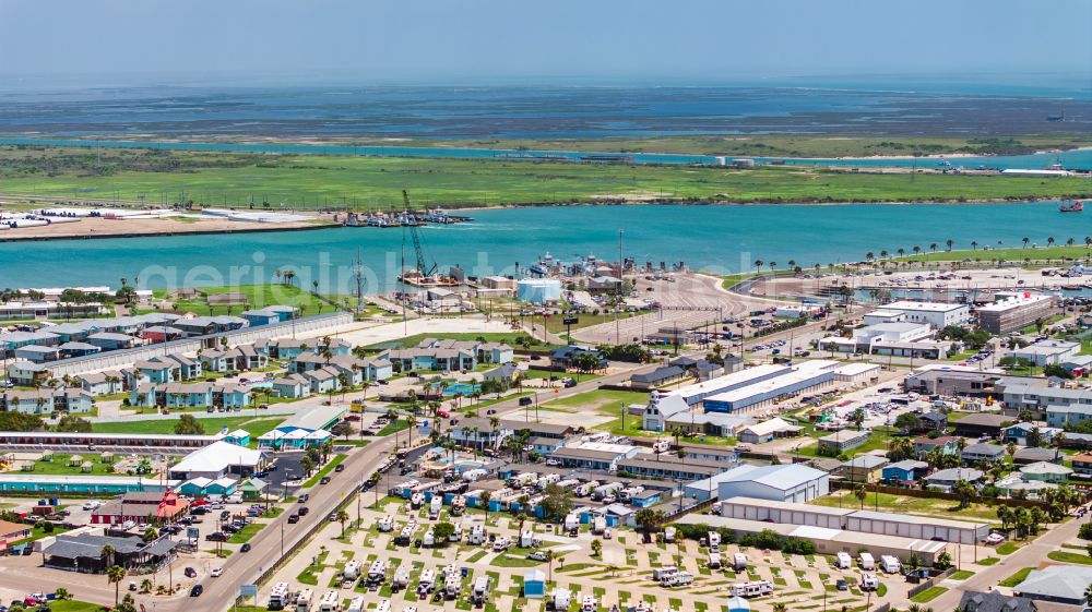 Aerial photograph Port Aransas - Ferry port facilities on the seashore Port Aransas Ferry on street West Cotter Avenue in Port Aransas in Texas, United States of America