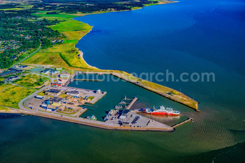 Aerial image Havneby - Moored ferry in the harbor Limassol in Havneby at the island Roemoe in Syddanmark, Denmark