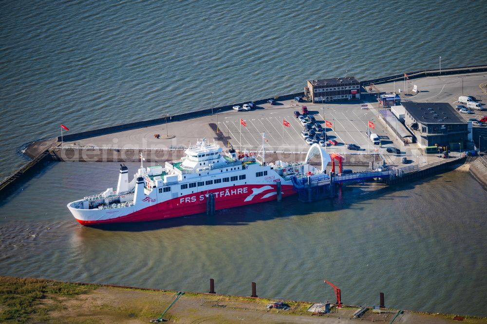 Aerial photograph Römö - Moored ferry in the harbor Limassol in Havneby at the island Roemoe in Syddanmark, Denmark