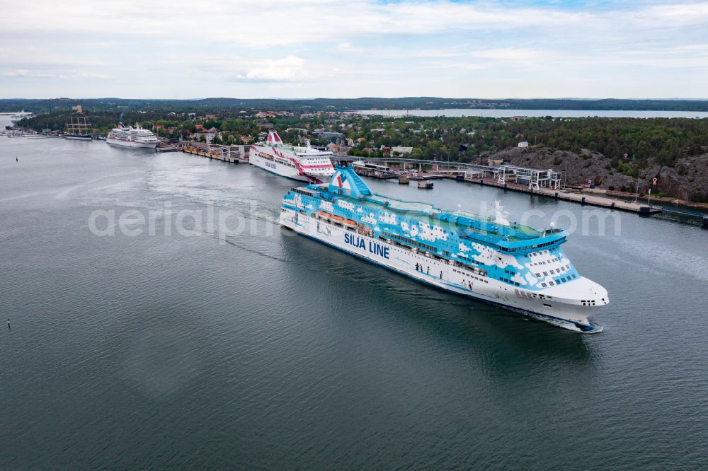 Mariehamn from the bird's eye view: Anchored and moored ferry in the harbor Silja Line Galaxy in Mariehamn in Mariehamns stad, Aland