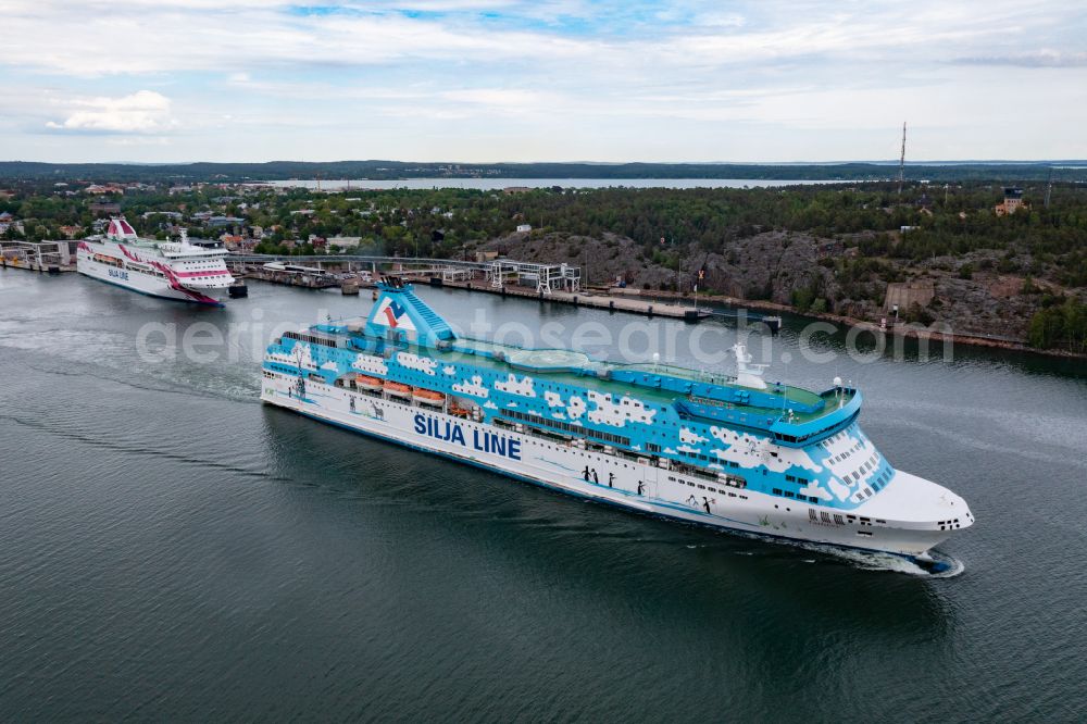 Aerial image Mariehamn - Anchored and moored ferry in the harbor Silja Line Galaxy in Mariehamn in Mariehamns stad, Aland