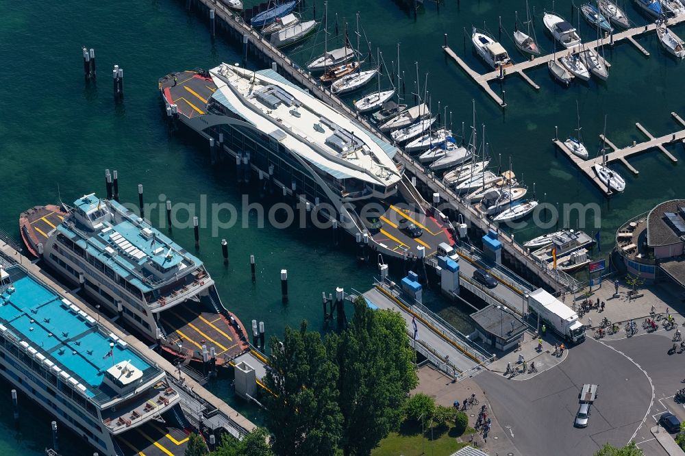 Konstanz from above - Ride a ferry ship Faehrebetrieb Konstanz-Meersburg in the district Staad in Konstanz in the state Baden-Wuerttemberg, Germany