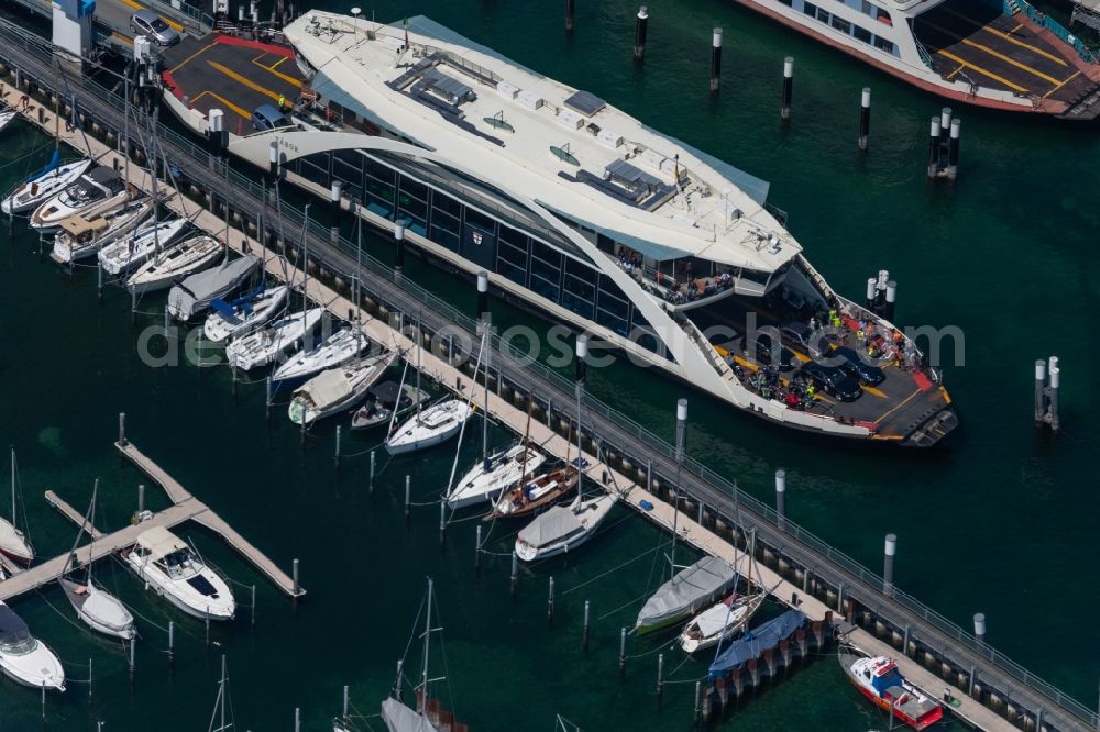 Konstanz from above - Ride a ferry ship Faehrebetrieb Konstanz-Meersburg in the district Staad in Konstanz in the state Baden-Wuerttemberg, Germany