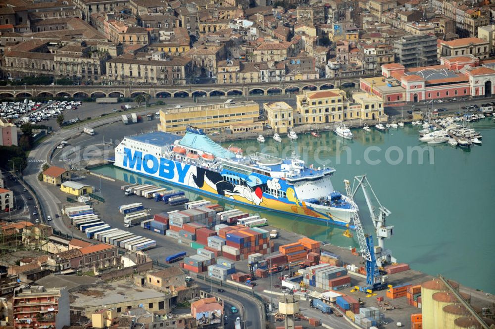 Aerial image Catania Sizilien - Moby Tommy Ferry of the Italian shipping company Mony Spa in the harbour of Cataniy on Sicily in Italy