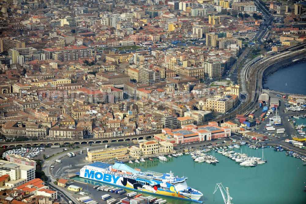 Catania Sizilien from above - Moby Tommy Ferry of the Italian shipping company Mony Spa in the harbour of Cataniy on Sicily in Italy