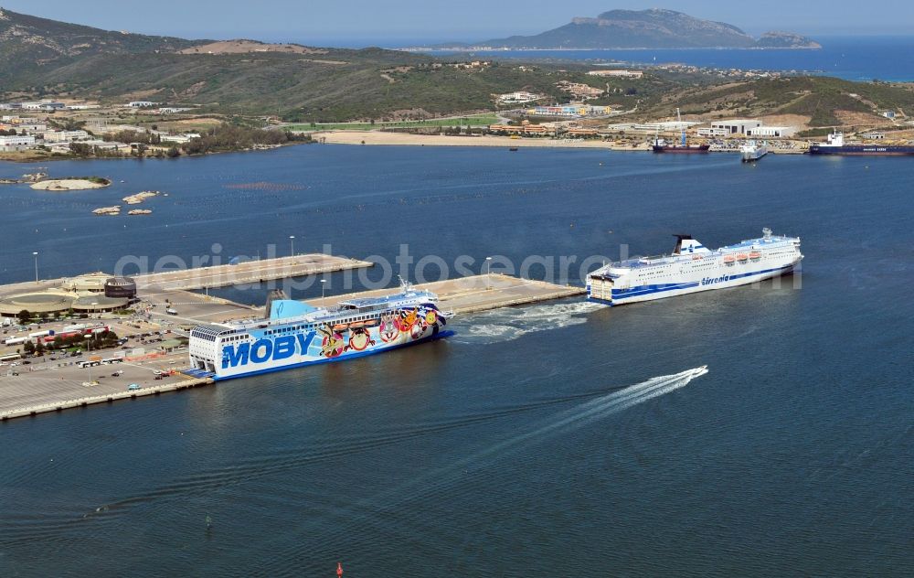 Olbia from above - View of the ferry of the company Moby Lines in Olbia in the province Olbia-Tempio on the Italien island Sardinia