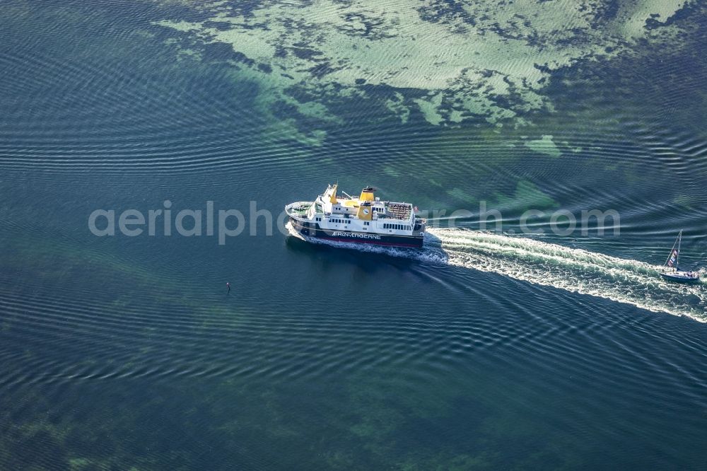 Aeroeskoebing from the bird's eye view: Ferryboat during journey to the east of the island Aeroe in Aeroeskoebing in Syddanmark, Denmark