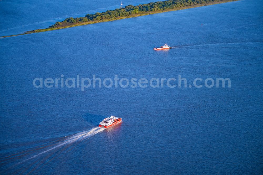 Wischhafen from above - Ferry ship Halunder Jet on the Elbe in Glueckstadt in the state Schleswig-Holstein, Germany