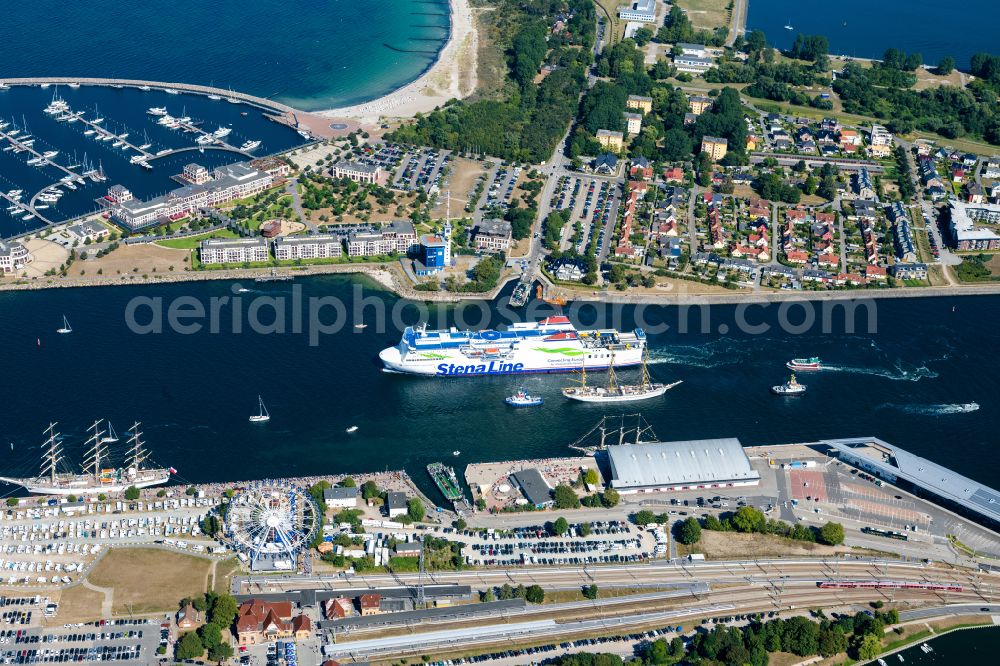 Aerial image Rostock - Stena Line cruise ship Mecklenburg Vorpommern and the sail training ship of the Marine Gorch Fock in Rostock in the state Mecklenburg-West Pomerania, Germany