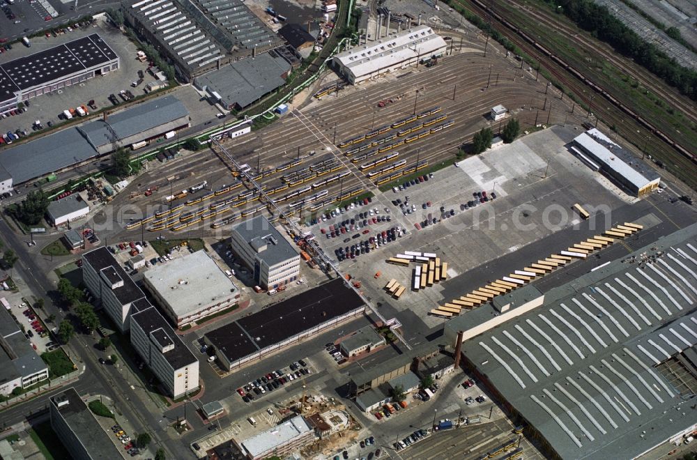 Berlin Lichtenberg from above - View of the BVG depot for buses and trams and at Siegfriedstrasse in Berlin - Lichtenberg. The premises are also used as a training center