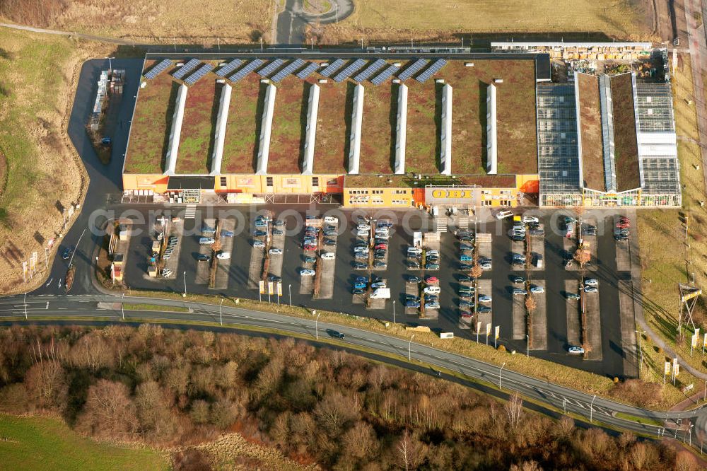 Aerial photograph Hamm - View of the OBI hardware store in Hamm in North Rhine-Westphalia. The branch is located at Sachsen way in the ecological center NRW