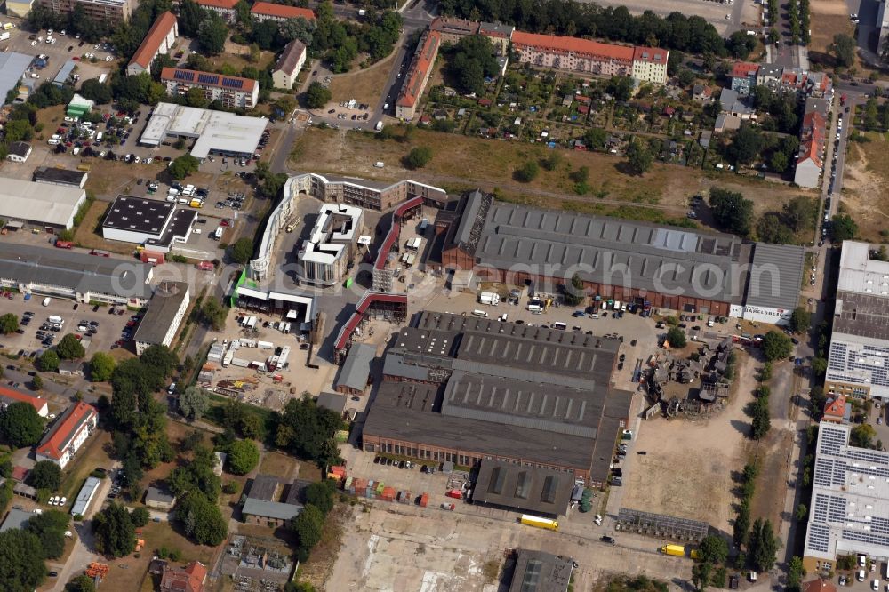 Aerial image Potsdam - Film Studio Babelsberg in Potsdam in Brandenburg. Studio Babelsberg is the oldest large-scale film studio in the world and the largest film studio in Europe. The outer film scenes on the grounds of Studio Babelsberg