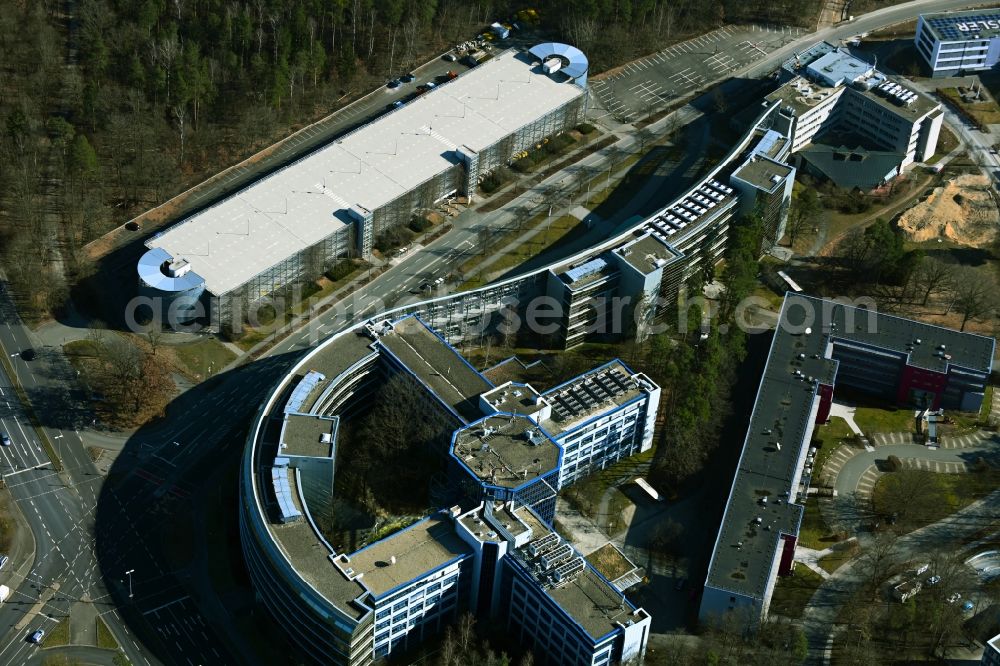 Nürnberg from above - Company settlements on Thurn-und-Taxis-Strasse in the Nordostpark with company buildings and a parking garage in Nuremberg in the state Bavaria, Germany