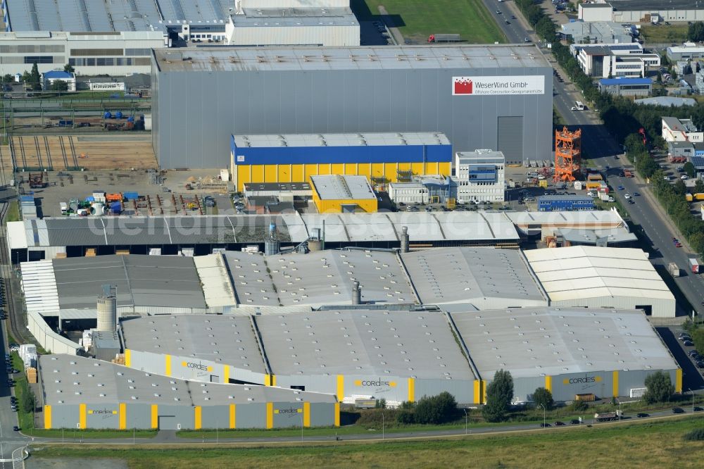 Bremerhaven from above - Company buildings of Cordes GmbH and production facilities of Weser Wind GmbH in Bremerhaven in the state of Bremen. The buildings are located in a commercial and industrial area on Lunedeich