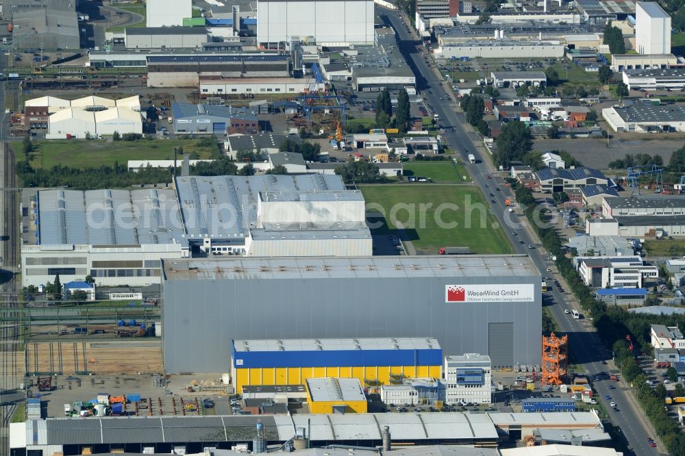 Bremerhaven from the bird's eye view: Company buildings of Cordes GmbH and production facilities of Weser Wind GmbH in Bremerhaven in the state of Bremen. The buildings are located in a commercial and industrial area on Lunedeich