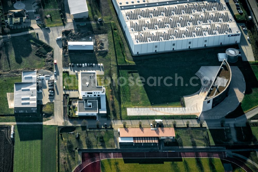 Malterdingen from above - Company grounds and facilities of Busch AG in Malterdingen in the state Baden-Wurttemberg, Germany