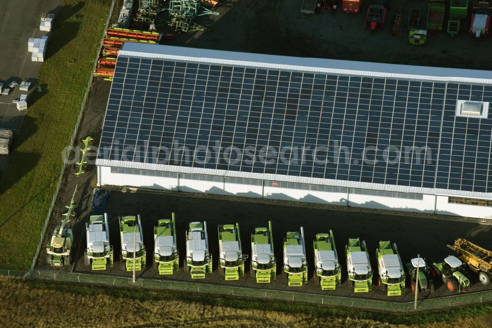 Jacobsdorf from above - Company grounds and facilities of Claas K & H Landmaschinenhandel Koeppen + Helmig GmbH in Jacobsdorf in the state Brandenburg