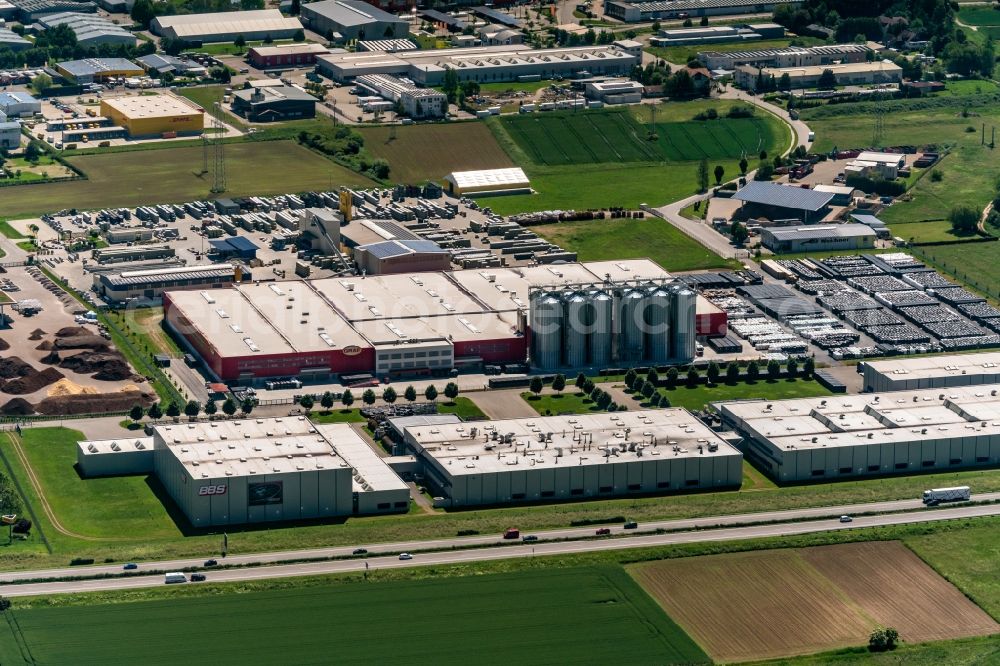 Herbolzheim from the bird's eye view: Company grounds and facilities of Der BBS Alufelgen (vorne) and Graf (hinten) in Herbolzheim in the state Baden-Wurttemberg, Germany