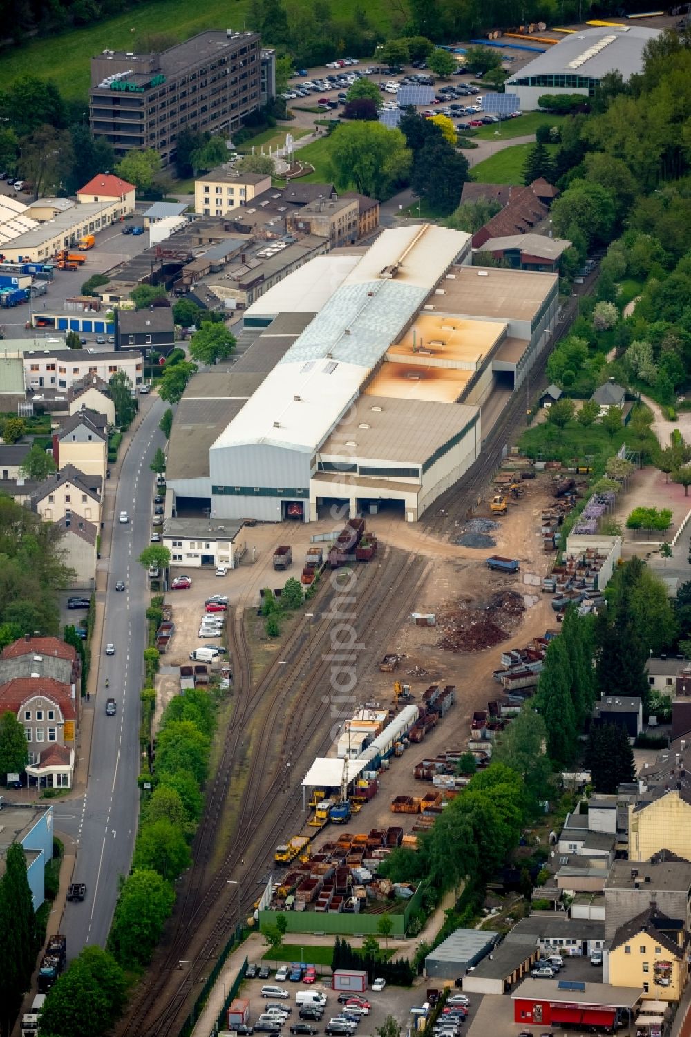 Aerial image Gevelsberg - Company grounds, rails, freight cars and containers of the former Schuessler Recycling GmbH in Gevelsberg in the state North Rhine-Westphalia