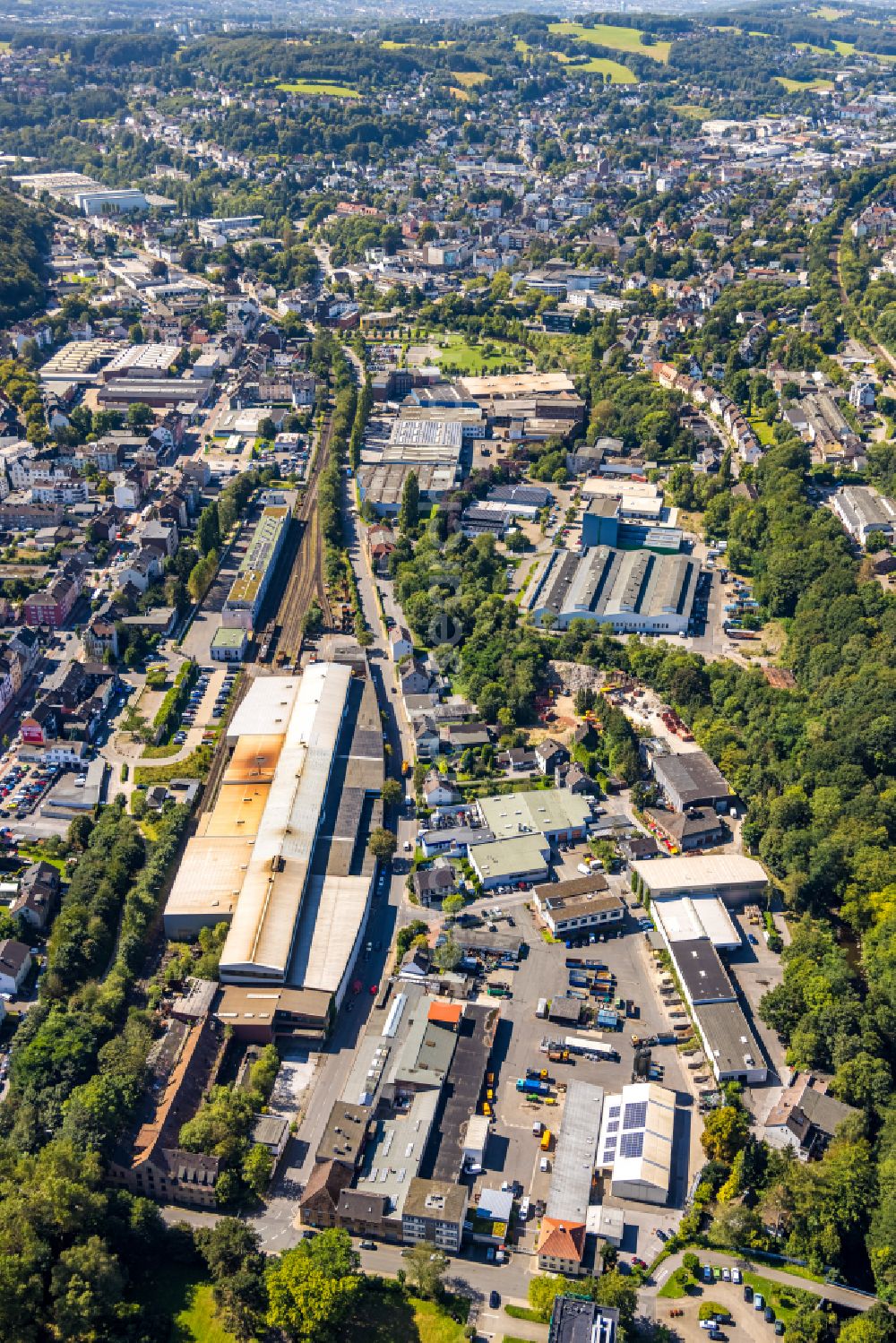 Gevelsberg from the bird's eye view: Company grounds, rails, freight cars and containers of the former Schuessler Recycling GmbH in Gevelsberg in the state North Rhine-Westphalia