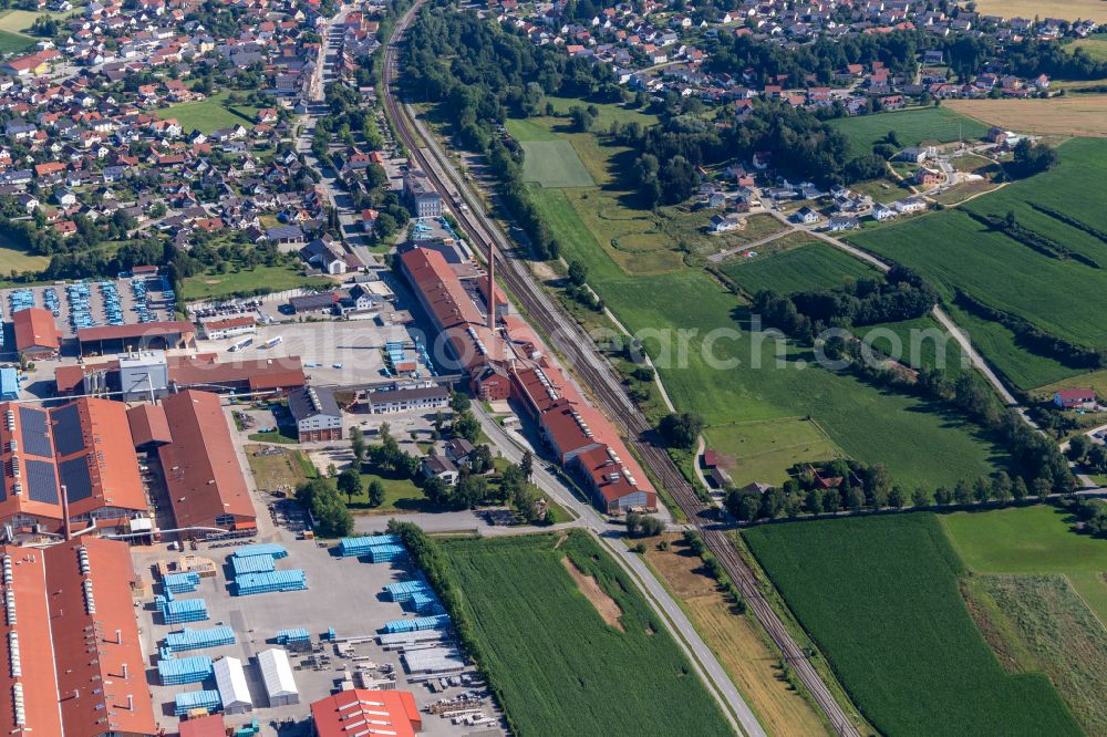 Ergoldsbach from the bird's eye view: Company grounds and facilities of ERLUS AG on street B15 in Ergoldsbach in the state Bavaria, Germany