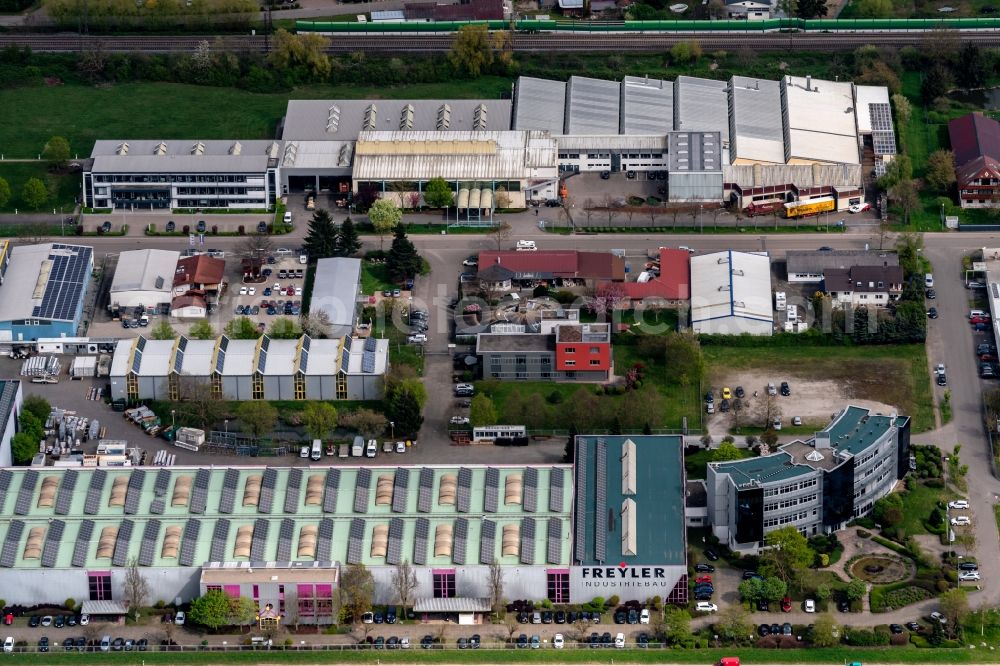 Kenzingen from above - Company grounds and facilities of Freyler Industriebau in Kenzingen in the state Baden-Wurttemberg, Germany