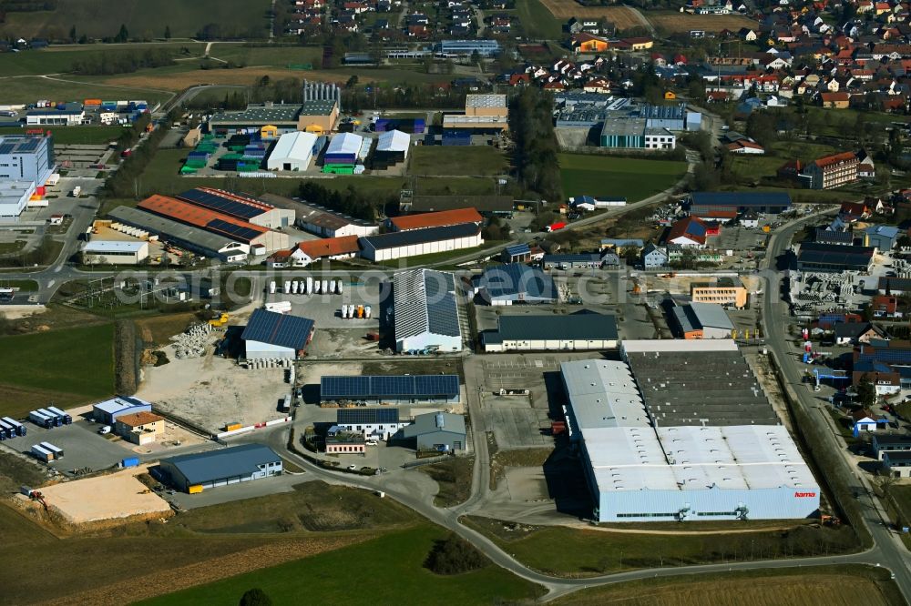 Monheim from above - Company premises of Hama GmbH & Co KG - Schnaeppchenmarkt with halls, company buildings and production facilities on Hagenbucher Weg in Monheim in the state Bavaria, Germany