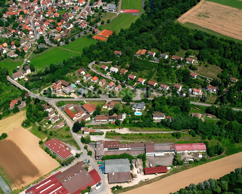 Jagsthausen from above - Company grounds and facilities of Heimotion GmbH on Bahnhofstrasse in Jagsthausen in the state Baden-Wurttemberg, Germany