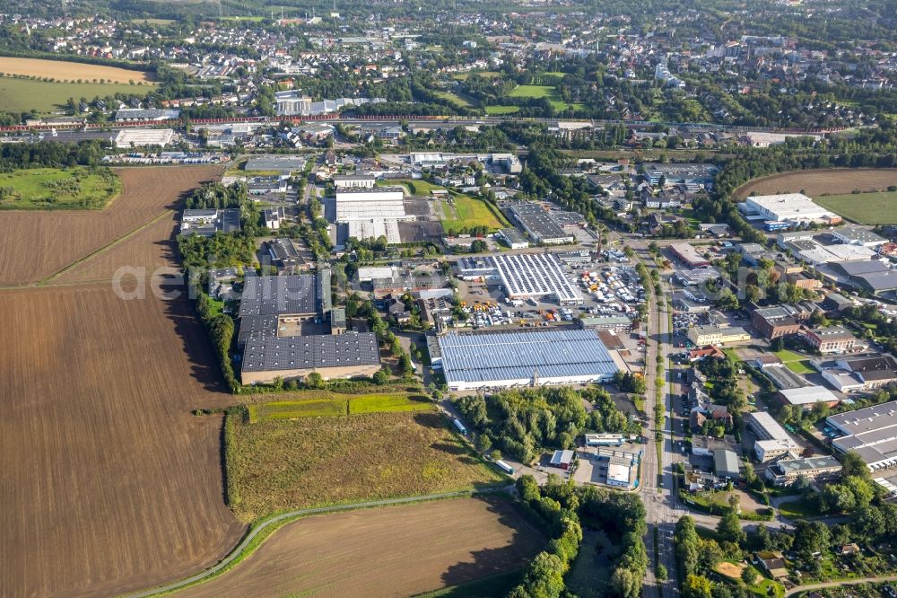 Bochum from above - Company grounds and facilities of HKL BAUMASCHINEN GmbH and of PSS Marketing GmbH on Burgstrasse in Bochum in the state North Rhine-Westphalia, Germany