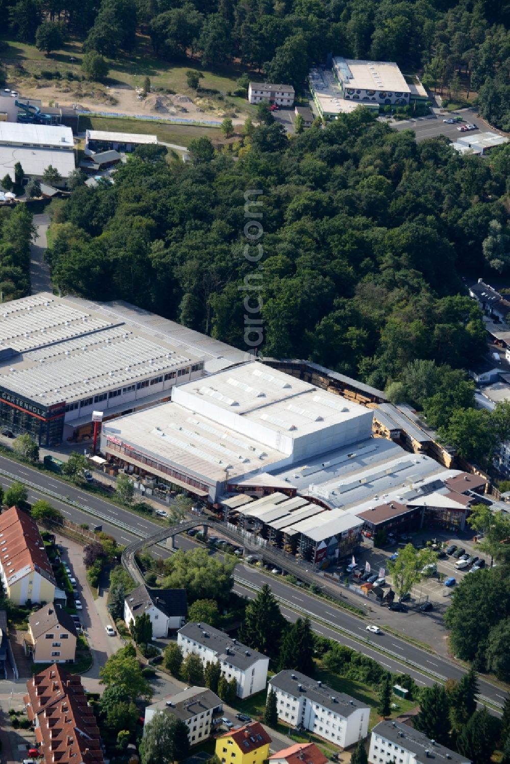 Obertshausen from above - Company grounds and facilities of the woods dealer and store Holzland Becker in Obertshausen in the state of Hesse