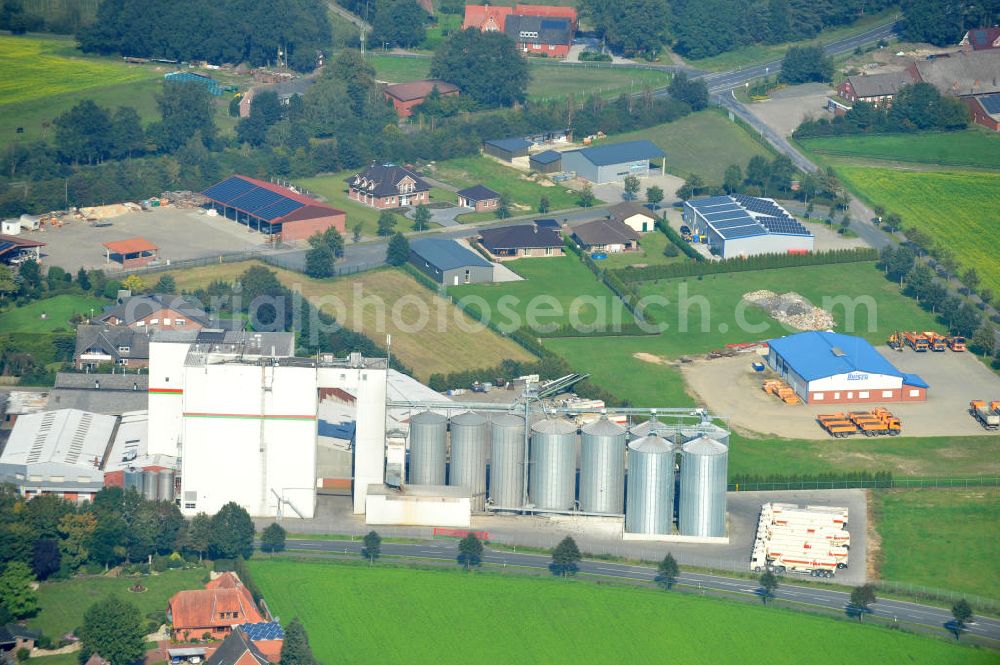 Bawinkel from above - Blick auf das Firmengelände des Landhandels und Kraftfutterwerk der Tihen GmbH & Co KG in Bawinkel / Niedersachsen. Die Marke TIBA Kraftfutter ist in der deutschen und europäischen Tierzucht und Landwirtschaft weit verbreitet. Premises of Tihen GmbH & Co KG in Bawinkel / Lower Saxony. The brand TIBA feed is in the German and European animal breeding and farming is widespread.