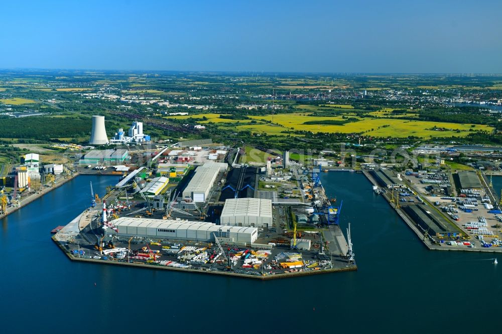 Rostock from above - Company grounds and facilities of Liebherr-MCCtec GmbH in Rostock in the state Mecklenburg - Western Pomerania