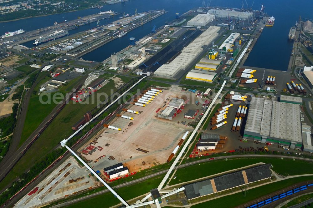 Rostock from the bird's eye view: Company grounds and facilities of Liebherr-MCCtec GmbH in Rostock in the state Mecklenburg - Western Pomerania