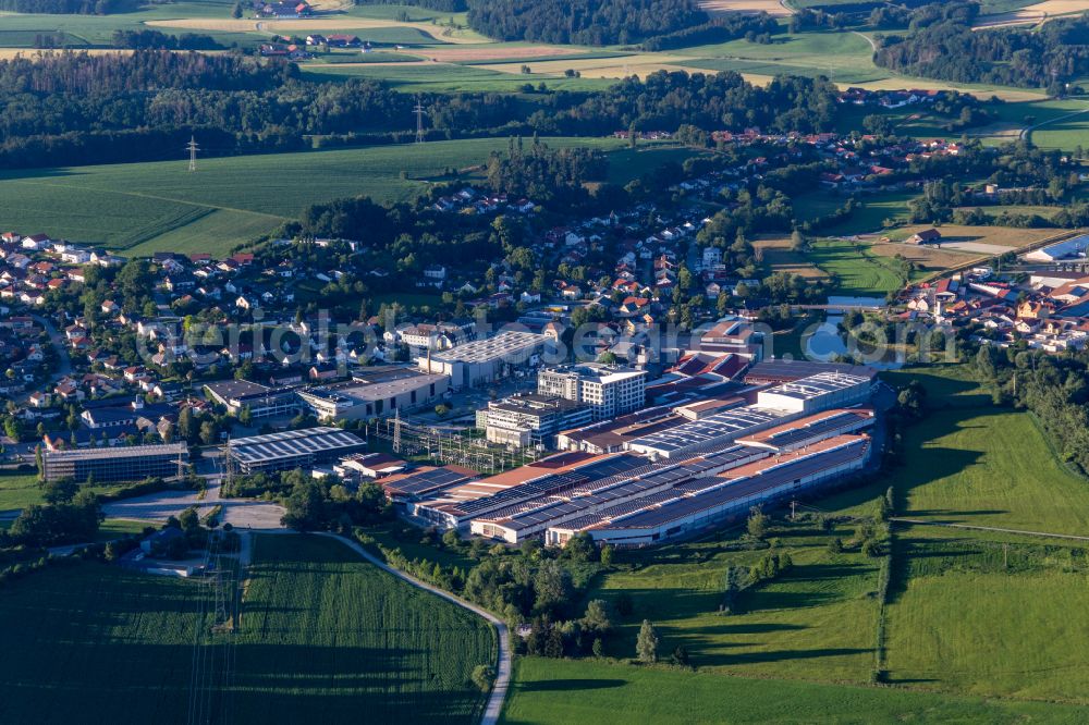 Arnstorf from above - Company grounds and facilities of Lindner Group in Gewerbegebiet Bahnhofstrasse BA 1 in Arnstorf in the state Bavaria, Germany