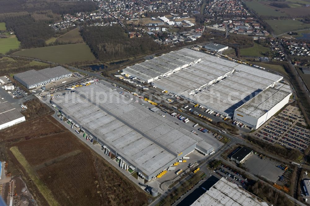 Aerial image Unna - Premises of the logistics center of DHL Solutions Retail GmbH, a logistics company DHL at the Gießerstraße in Unna in the Ruhr area in North Rhine-Westphalia