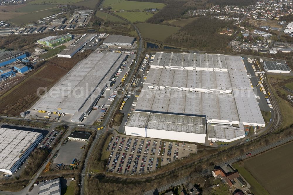 Unna from above - Premises of the logistics center of DHL Solutions Retail GmbH, a logistics company DHL at the Gießerstraße in Unna in the Ruhr area in North Rhine-Westphalia