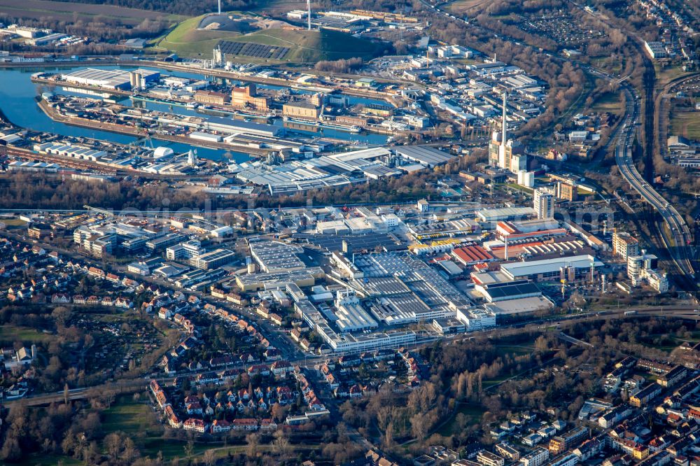 Karlsruhe from above - Company grounds and facilities of Michelin Reifenwerke AG & Co. Kg on street Carl-Metz-Strasse on street Carl-Metz-Strasse in Karlsruhe in the state Baden-Wuerttemberg, Germany