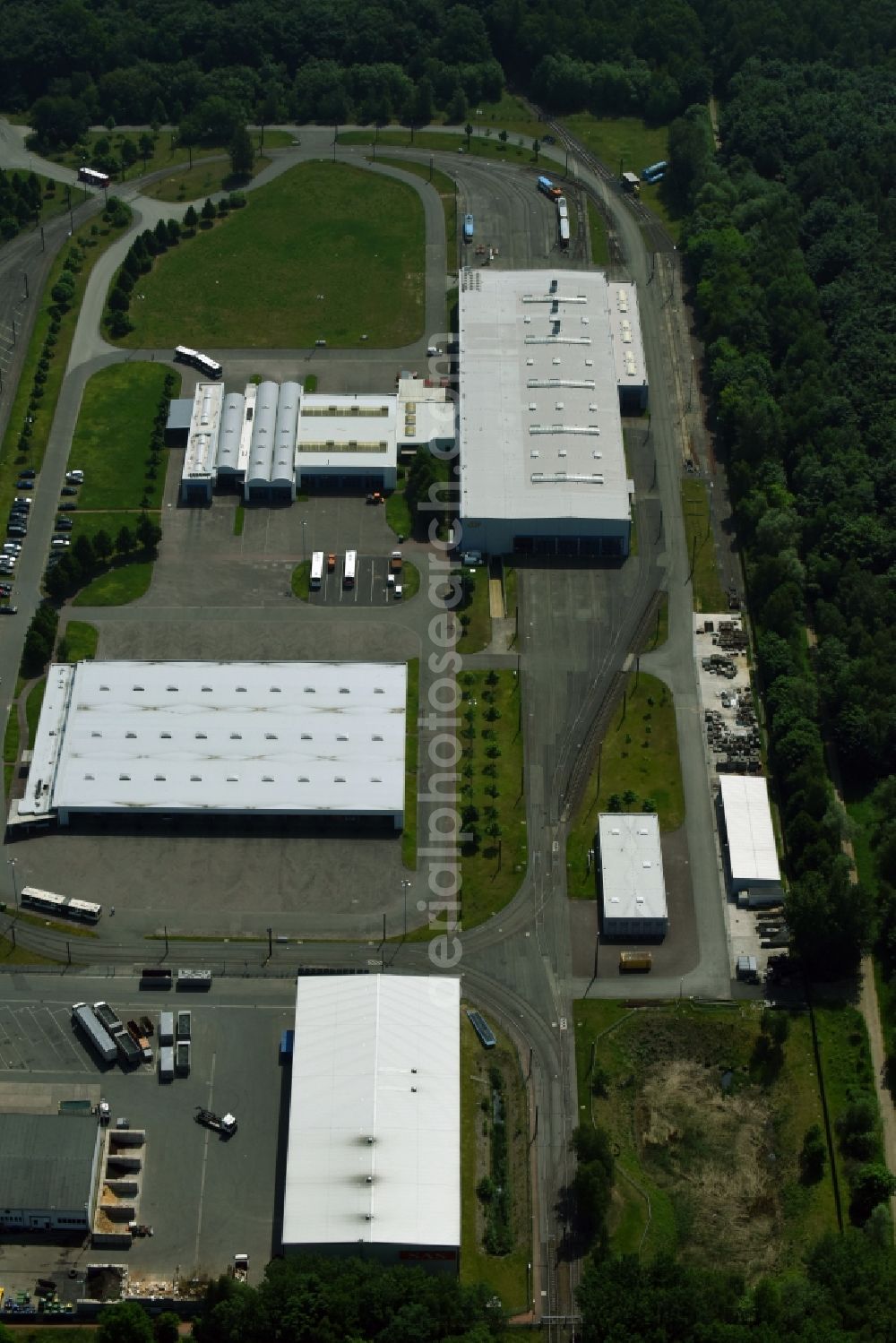 Schwerin from the bird's eye view: Company grounds and facilities of Nahverkehr Schwerin GmbH in of Ludwigsluster Chaussee in Schwerin in the state Mecklenburg - Western Pomerania, Germany