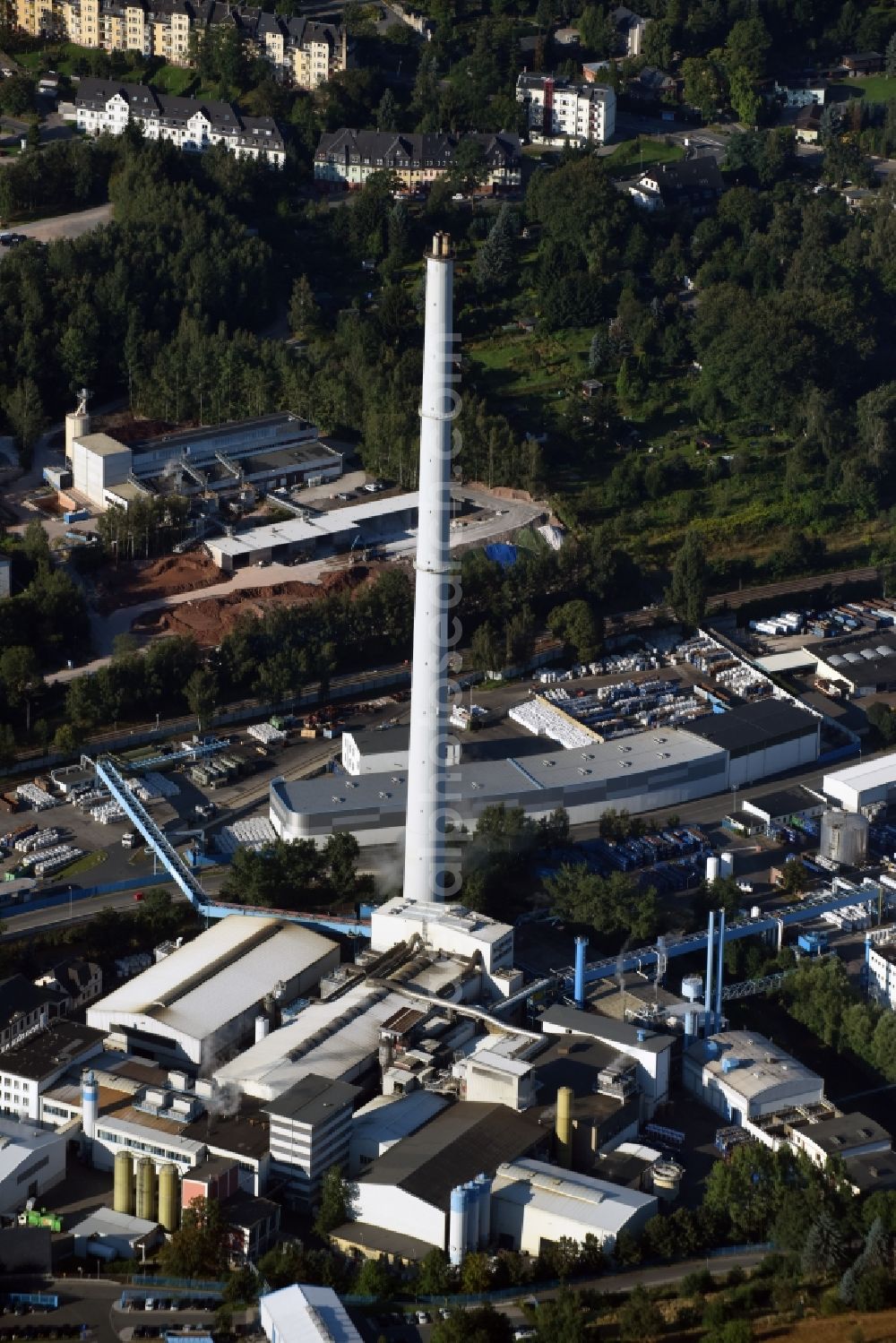 Aerial photograph Aue - Premises, chimney and technical facilities of Nickelhuette Aue GmbH in Aue in the state of Saxony