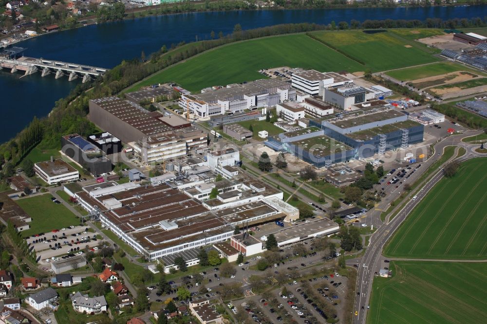 Stein from above - Company grounds and facilities of the pharmaceutical company Novartis factory Stein in Stein in the canton Aargau, Switzerland