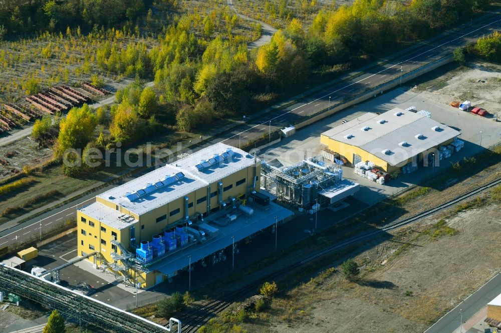 Bitterfeld-Wolfen from above - Company grounds and facilities of POLY-CHEM GmbH on Farbenstrasse in Bitterfeld-Wolfen in the state Saxony-Anhalt, Germany