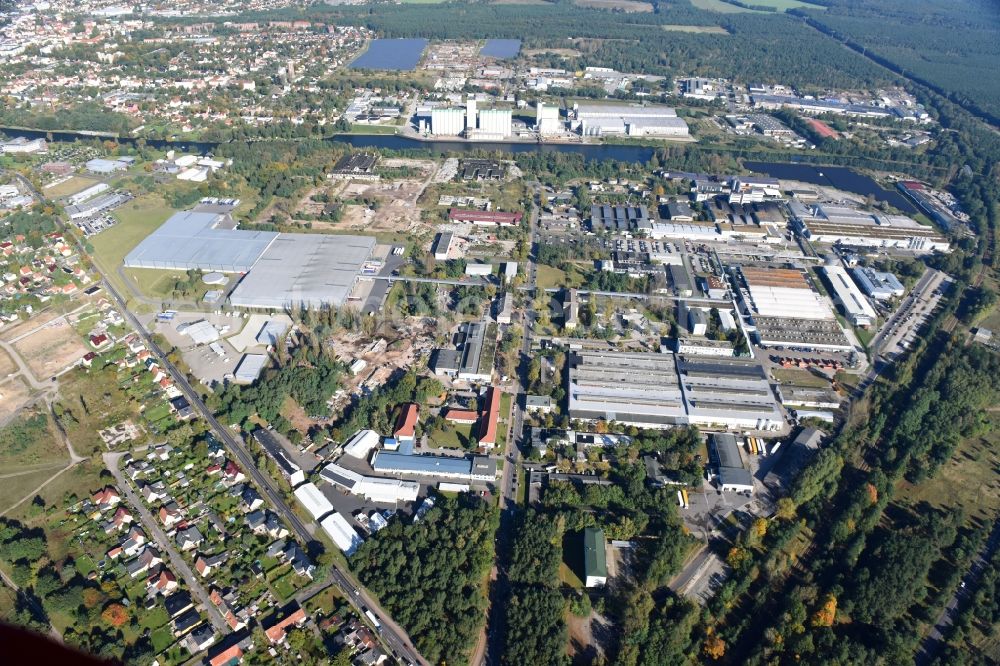 Aerial image Fürstenwalde/Spree - Industrial and commercial area of R F L Reifen-Felgen-Logistik Speditions- und Lager GmbH on Traenkestrasse - Langewahler Strassein Fuerstenwalde/Spree in the state Brandenburg